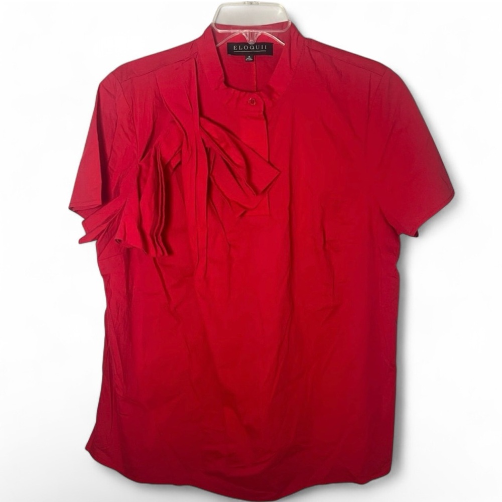 Eloquii Red Bow Detail Short Sleeve Blouse Holiday Festive Cotton Blend Size 16